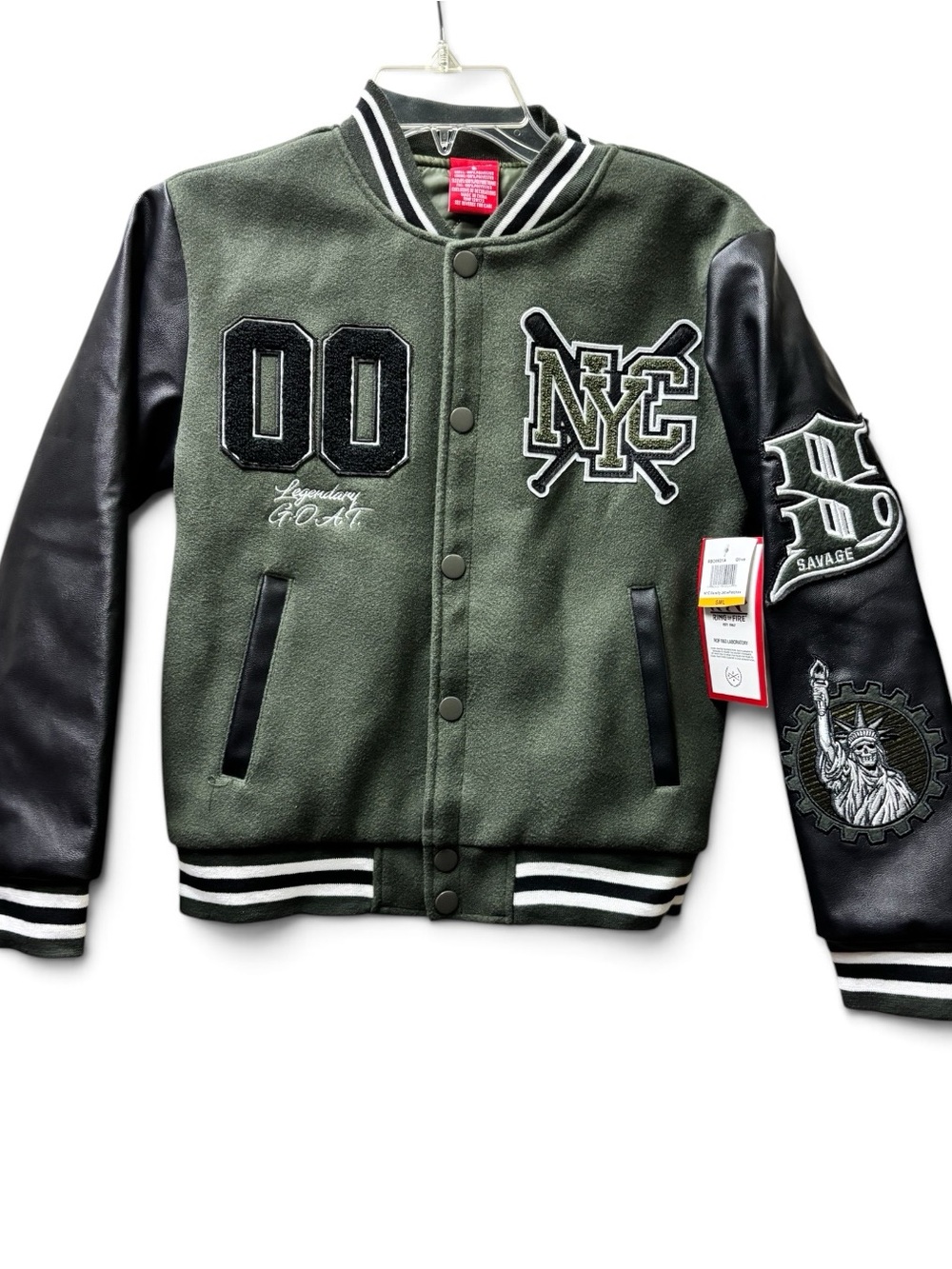 Ring of Fire Olive Green and Black Kids Varsity Jacket with NYC Patches size S